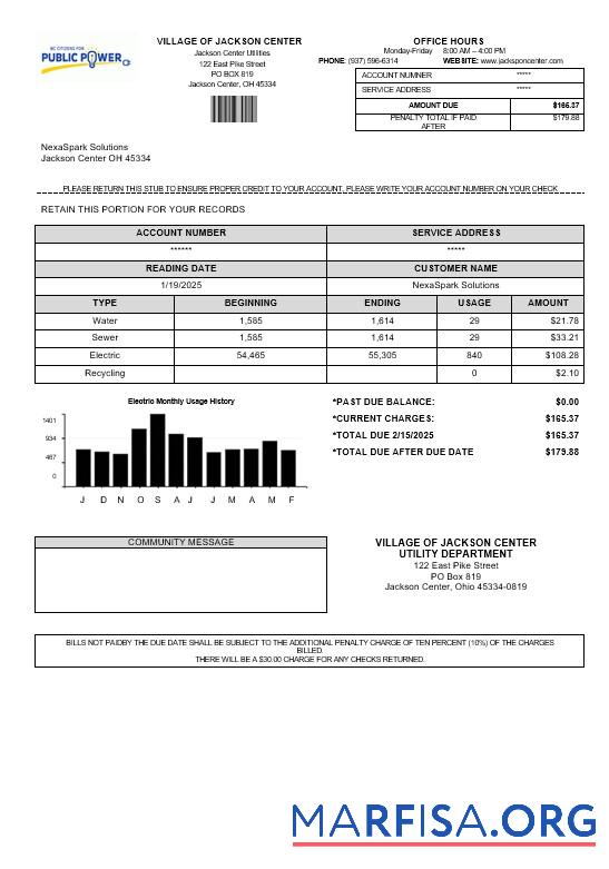 Realistic USA Ohio Village of Jackson Center Public Power business utility bill template in Word and PDF formats